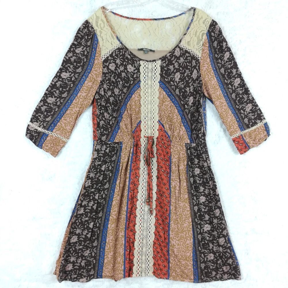 Miss Me Womens Dress Patchwork Lace Southwestern‎ Above Knee Boho Chic L